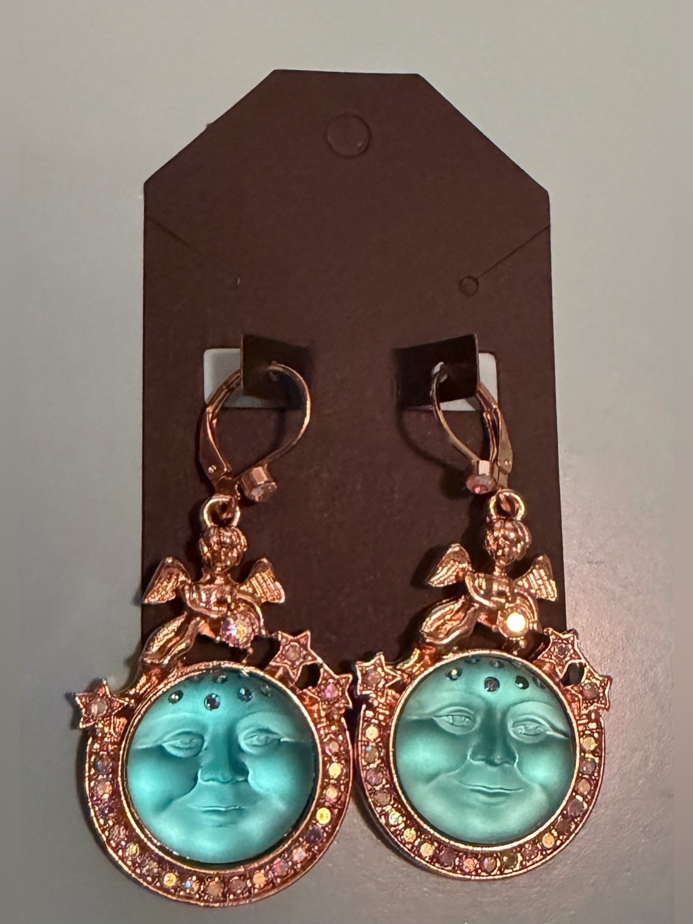Gold-Tone Moon-face Drop Earrings in Teal - with Iridescent Rhinestone Accents